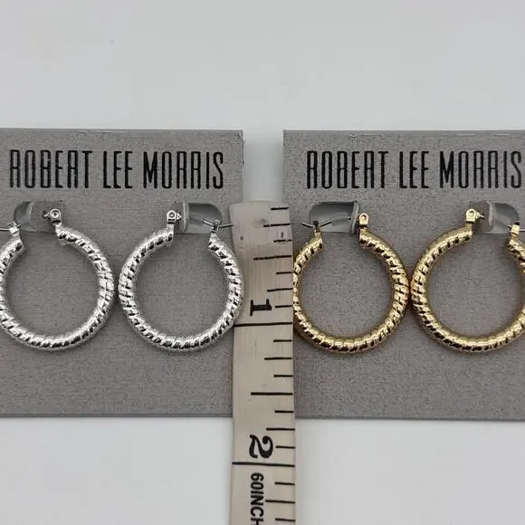 Robert Lee Morris Hoop Earrings Set of 2 Pairs Silver Gold Tone Textured NEW - Picture 5 of 9